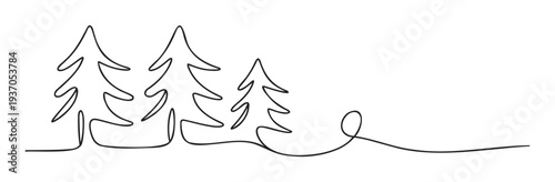 Simple continuous line drawing of three evergreen trees capturing the essence of a natural forest landscape for modern naturethemed branding or minimalist holiday greeting designs