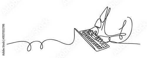 Dynamic single line drawing portraying hands actively typing on a laptop computer, symbolizing digital work, online communication, and modern technology for various professional and