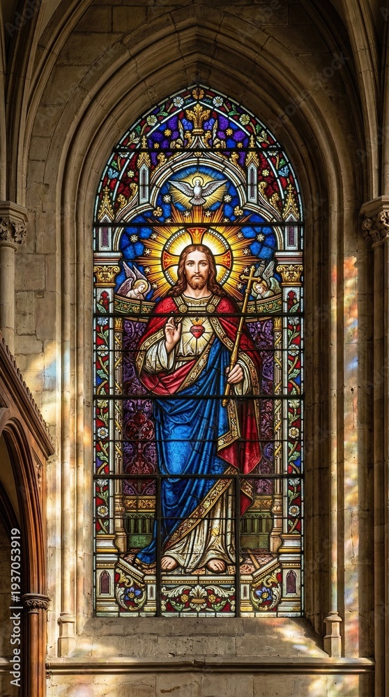 Fototapeta premium Jesus Christ portrait stained glass window, radiant halo, vibrant cathedral colors, glowing sunlight through glass, intricate lead lines, ultra detailed