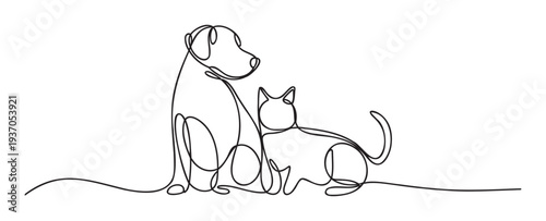 Cute domestic dog and cat continuous line drawing representing animal companionship and loyalty ideal for pet care services or veterinary clinic branding applications
