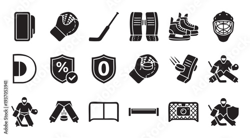 Collection of ice hockey themed glyph icons featuring essential game equipment and player positions, perfect for sports related applications, web graphics, and informational infographics.