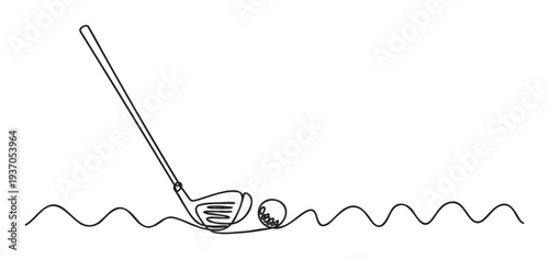Minimalist continuous line drawing depicting a golf club preparing to strike a golf ball on a wavy ground for sports and leisure related marketing materials and event promotions