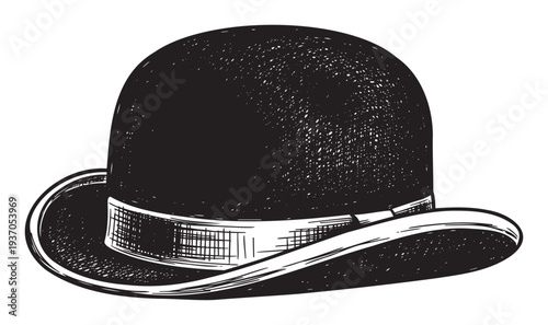 A classic black bowler hat icon capturing the essence of vintage gentlemans fashion and timeless formal wear for historical or theatrical apparel applications.
