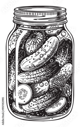 Detailed black and white woodcut showing preserved gherkins with dill in a jar, ideal for food packaging, restaurant menus, or culinary themed projects