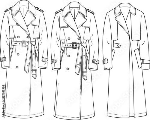 Three Long Trench Coats with Belts and Straps in Black and White Line long coat buttons