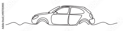 Dynamic single line depiction of a small commuter automobile for transportation graphics, contemporary car services, or minimalist travel media applications
