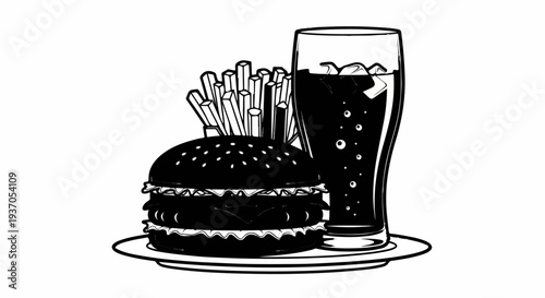A sketch of a hearty burger, crispy fries, and a fizzy drink