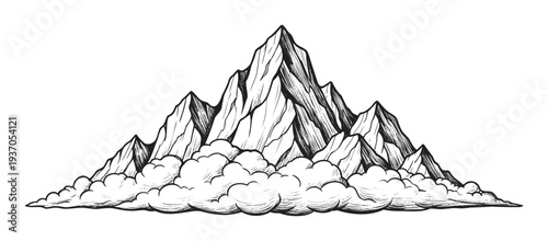 A bold black and white outline drawing of majestic mountain peaks rising above a dense cloud layer, ideal for adventure themes, travel designs, or outdoor brand identities.