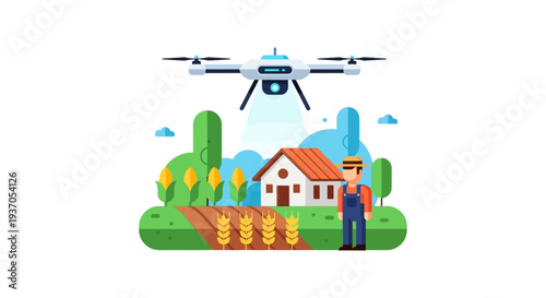 Precision Agriculture: Farmer Using Drone for Crop Monitoring and Smart Farm Management. Flat Vector Icon