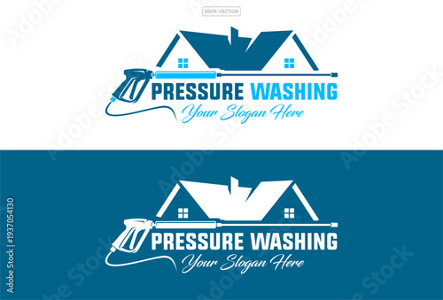 pressure washer logo vector design, powerful water spray jet washing surface, home exterior cleaning service icon, modern flat blue wave splash symbol, professional maintenance branding