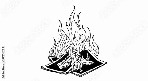 Stylized illustration of a bonfire consuming a stack of documents or paper