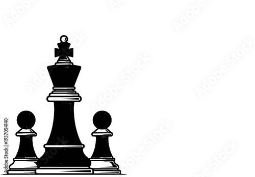 A stylized black king chess piece stands tall between two smaller pawns