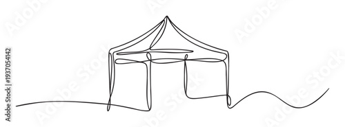 Continuous line drawing of a simple outdoor canopy or market stall, perfect for event promotion visuals, festival branding, or retail display graphics