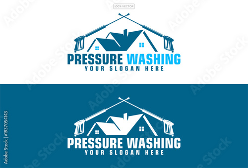 pressure washing logo vector illustration, high pressure water jet cleaner spraying surface, home exterior maintenance service icon, blue splash wave