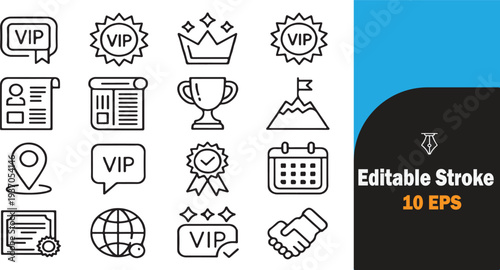 Collection of thin line vector icons representing VIP status and achievement symbols isolated on white