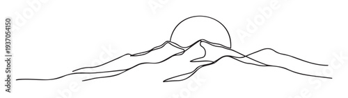 Minimalist continuous line drawing depicting a majestic mountain range beneath a radiant sun, perfect for tranquil decor, travel branding, or outdoor adventure designs.