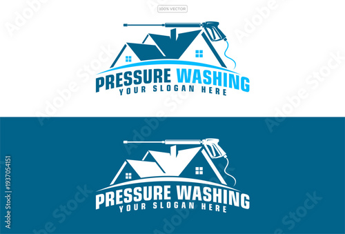 power washer cleaning service logo vector, water jet spray washing house wall icon, professional exterior cleaning brand emblem, modern flat blue splash design