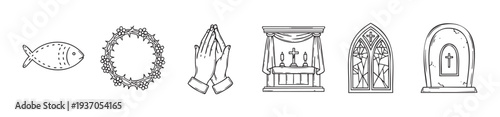 Collection of essential Christian symbols and religious items for use in educational materials, church publications, and spiritual media.