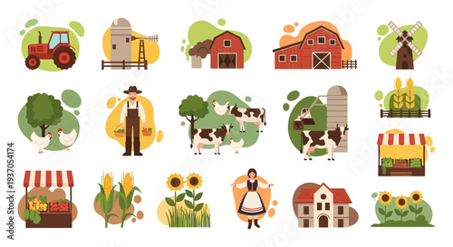 Flat Farm Icons Set. Agriculture Vector Collection featuring Barn, Tractor, Farmer, Livestock (Cows, Chickens), Silo, Market Stand, and Harvest Elements.