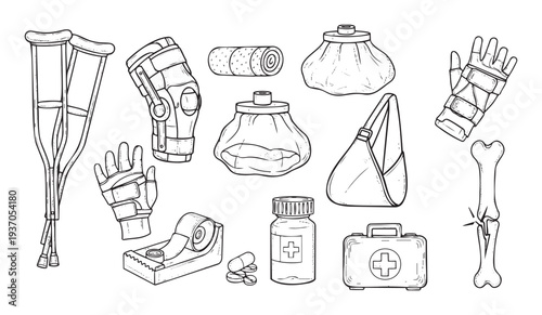 Comprehensive collection of essential medical supplies and first aid equipment for emergency care, injury treatment, and orthopedic recovery applications.