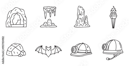 Explore the depths with this set of detailed line icons representing caving equipment, cave formations, and wildlife, perfect for educational materials, tourism guides, or adventure