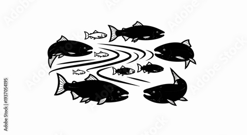 A school of fish swims in a circle with flowing water patterns