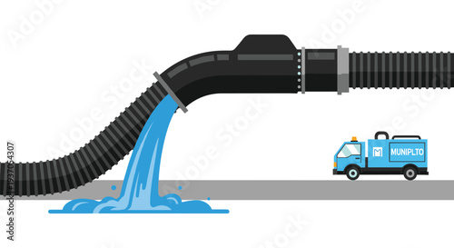 A black corrugated pipe discharges blue liquid onto a grey road with a utility truck.
