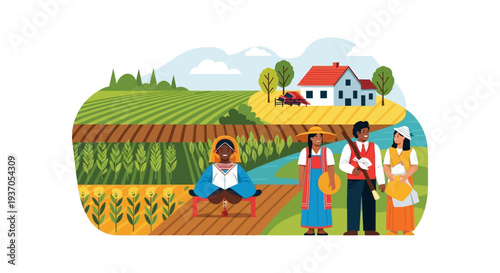 Diverse Farmers and Agricultural Workers in a Lush Rural Landscape, Featuring Farmland, Crops, and a Traditional Farmhouse