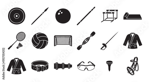 A comprehensive collection of sports equipment icons, including athletics, ball sports, and martial arts gear, perfect for athletic event graphic projects, educational materials, and