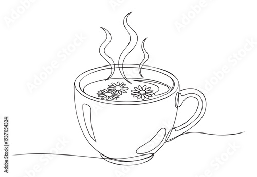 Continuous line drawing of a steaming hot beverage in a cup with floating flowers, ideal for wellness content, natural product packaging, or mindful lifestyle promotions.