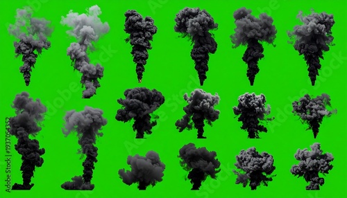 15 diverse puffs of smoke rising against a bright green backdrop, casting dark shadows with varying densities