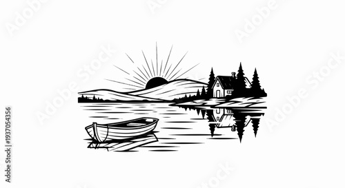 Sunrise over tranquil lake with boat and lakeside cabin, reflections