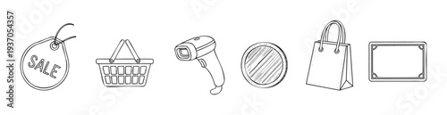 Commercial line drawing set of retail shopping and ecommerce symbols including a discount tag, market basket, product scanner, currency coin, merchandise bag, and special offer coupon for
