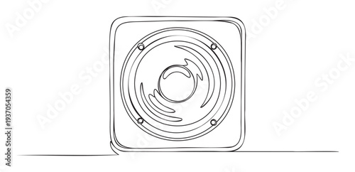 Continuous line drawing of a modern speaker cone for audio technology visuals and dynamic sound system presentations or musical event promotions
