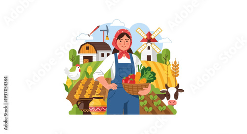 Female Farmer Holding Fresh Vegetable Harvest Basket on Rural Farm Background. Agriculture Flat Illustration.