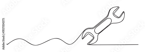 Modern minimalist continuous line drawing depicting a spanner tool emerging from a flowing wave, perfect for engineering blogs, repair shop branding, or industrial service presentations.