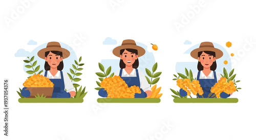 Happy Woman Farmer Character Harvesting Yellow Berries or Crops. Female Gardener Holding Abundant Produce, Agriculture and Autumn Harvest Set.