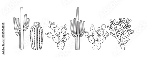 Variety of desert cactus plants rendered in a continuous single line drawing style perfect for contemporary wall decor, minimalist prints, modern graphic design, or unique textile patterns