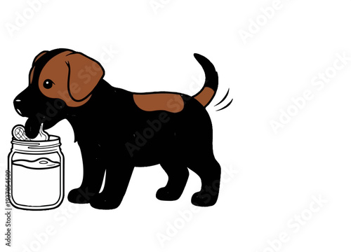 A black and brown puppy eats from a jar, tail wagging