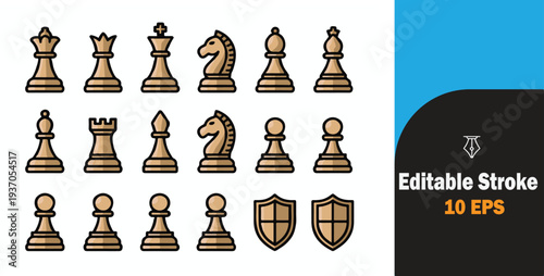 Collection of wooden chess pieces and shields isolated on a white background representing strategy and intellect