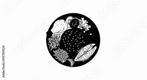 A black and white illustration of a round plate filled with various foods including rice, fish, and vegetables