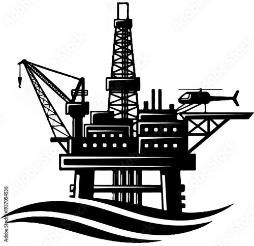 A black and white illustration of an offshore oil rig with a crane and helicopter