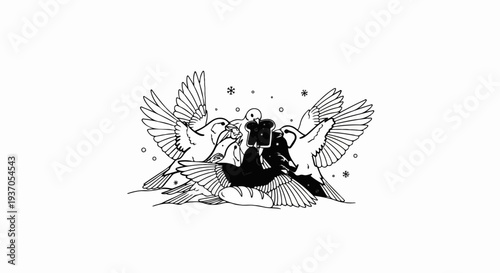 A flock of birds gathers around a loaf of bread and toast during winter