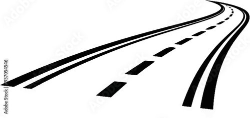 A black and white graphic of a curving road with dashed and solid lane lines