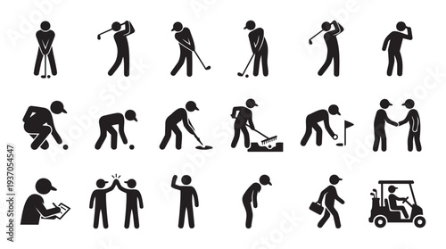 A diverse set of golf icon silhouettes illustrating various player actions including swinging, putting, raking bunker, shaking hands, and driving a cart, perfect for sports apps and game