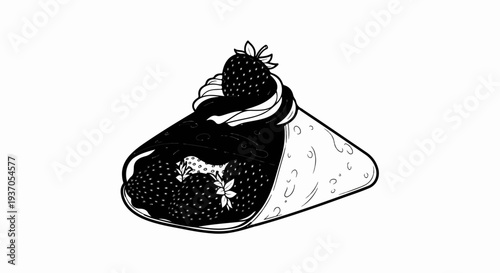 A black and white line drawing of a delicious strawberry crepe with whipped cream