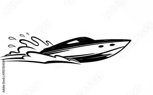 A black and white sketch of a speed boat creating a wake