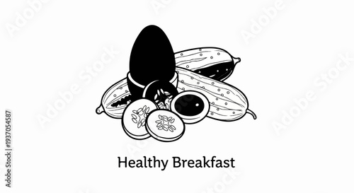 A black egg in a cup sits with sliced cucumbers and whole cucumbers