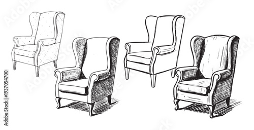 Collection of handdrawn armchairs suitable for interior design projects, home decor catalogs, and comfortable living space advertisements