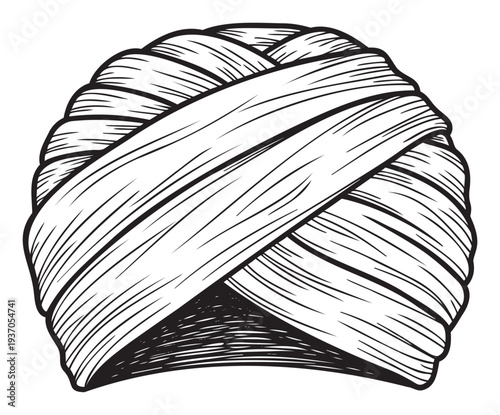 Traditional wrapped turban headwear in black and white line drawing style, perfect for cultural identity projects, apparel branding, and historical education resources.